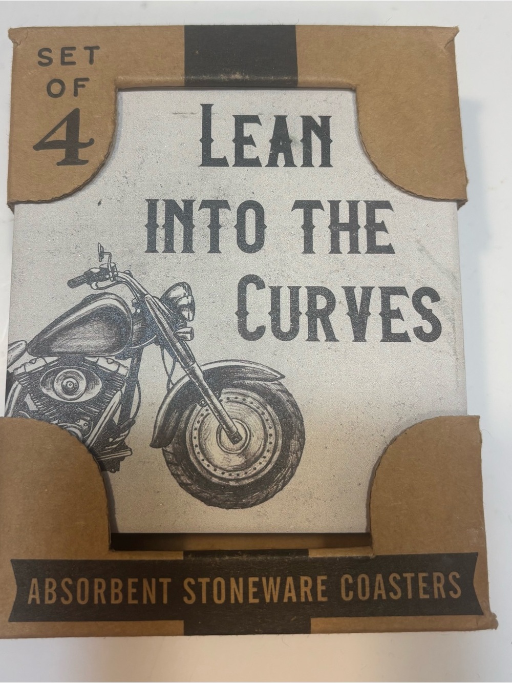 Absorbent Stoneware Coaster Set of 4 Motorcycles different prints & sayings.